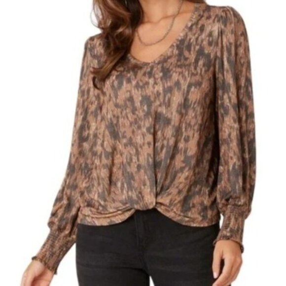 Democracy Camel Black Metallic V Neck Animal Print Long Sleeve Peasant Blouse 3X - Picture 1 of 9
